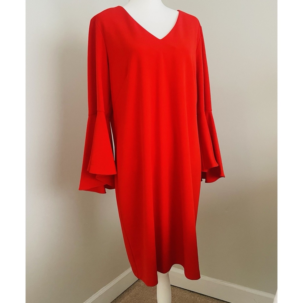 MSK  Woman's Sheath Dress V Neck Bell Sleeves Zip Closure Knee Length Red 16